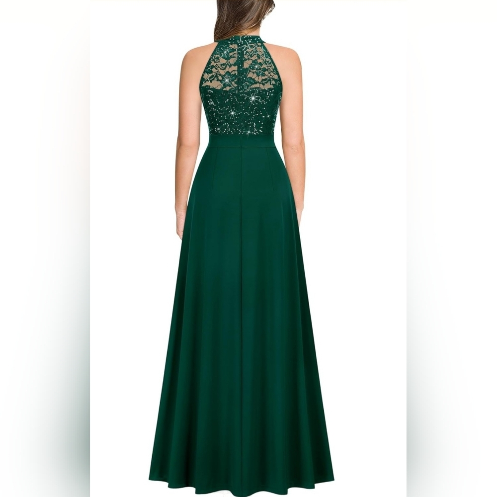 Emerald Green Formal Maxi Dress Size M NWT Lace Sequin Halter - Picture 2 of 4
